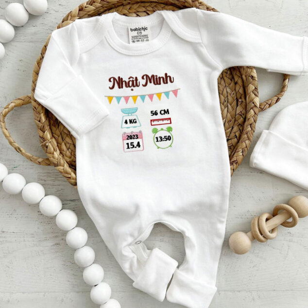 Bộ Liền Thân Trẻ Sơ Sinh Thêu Tên Bé Trai Có Bao Tay, Bao Chân Lật - BT030
