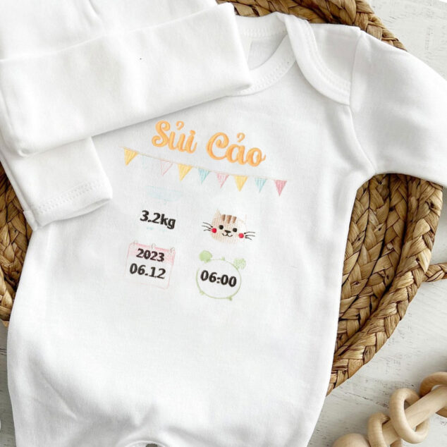 Bộ Liền Thân Trẻ Sơ Sinh Thêu Tên Bé Trai Có Bao Tay, Bao Chân Lật - BT038