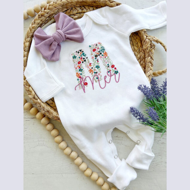 Bộ Liền Thân Sơ Sinh Thêu Tên Bé Gái Có Bao Tay, Bao Chân Lật - BT025